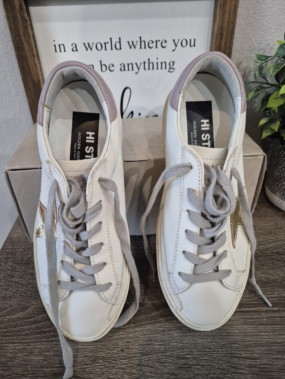 NEW Golden Goose Hi Star White Leather Sneaker with Gold Star and Pink Heel - Picture 4 of 10